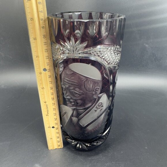 Vintage Amethyst Cut To Clear Glass Vase Portrait of Pope John Paul II Heavy VTG - Picture 3 of 16